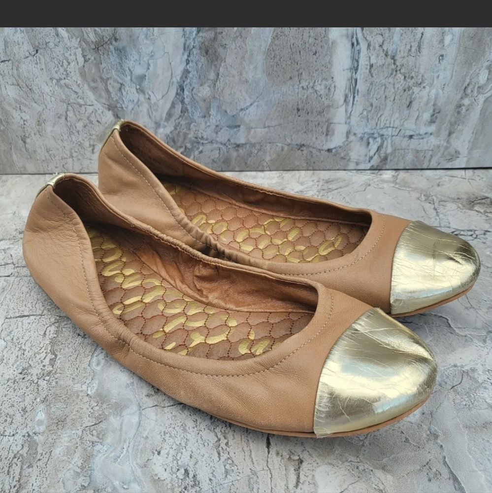 Sam Edelman Women's 7.5 Baxton 2 Tan Leather Gold Cap Toe Slip On Ballet Flats - Picture 11 of 11